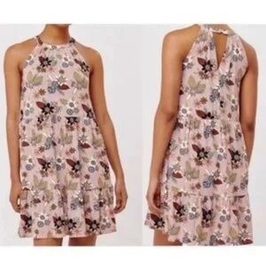 NWT Loft Floral Dot Print Halter Neck Tiered Swing Dress Pink Multicolor Size S